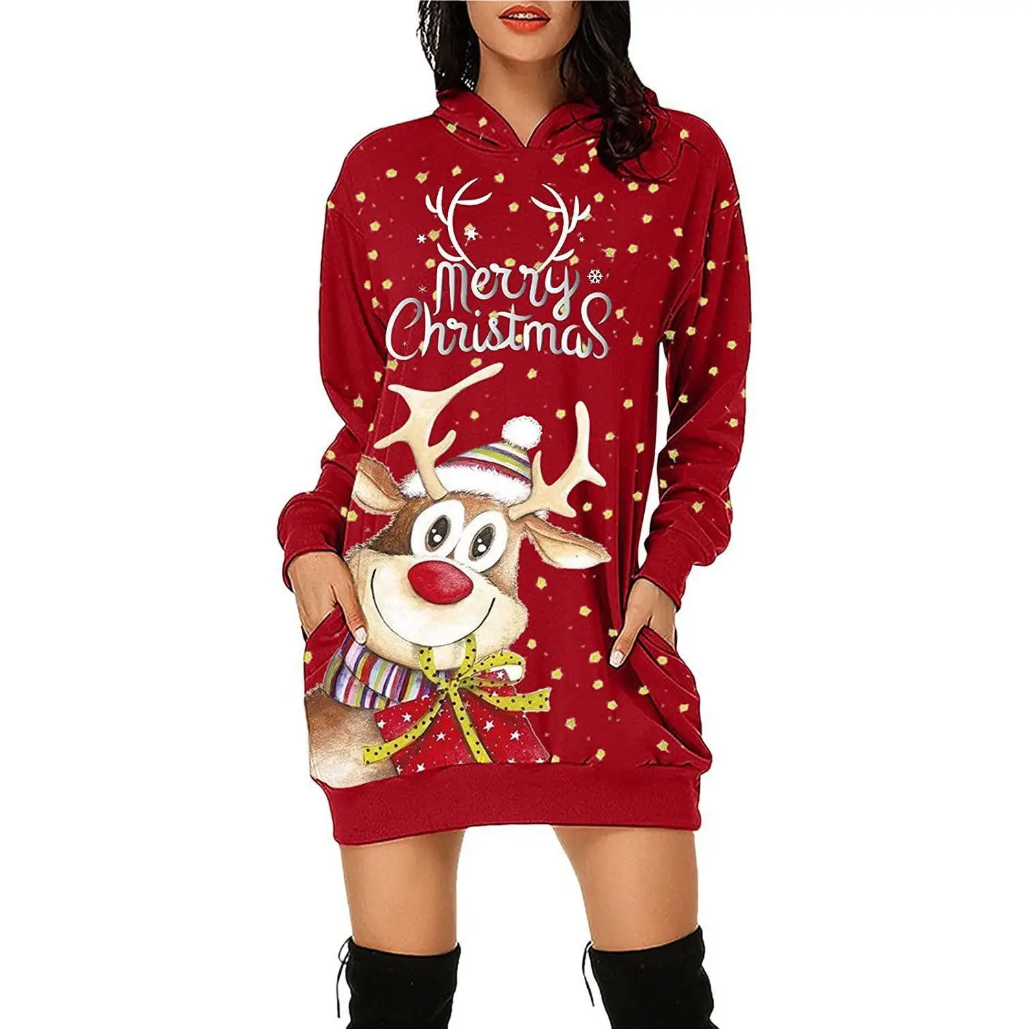 Christmas Printed Hoodie Dress for Women Black — feature 3
