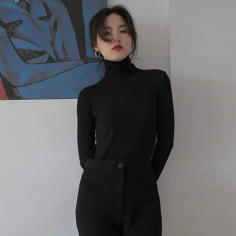 Korean High-Neck Long Sleeve T-Shirt Blue Slim Fit - Image 8