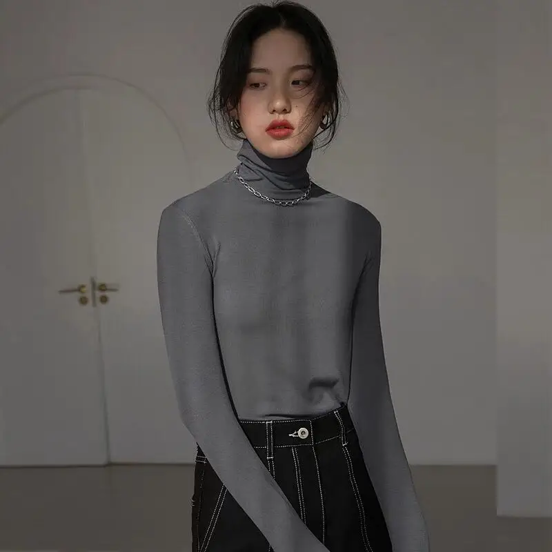 Korean High-Neck Long Sleeve T-Shirt Blue Slim Fit - Image 9