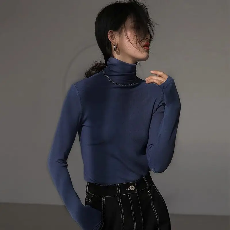 Korean High-Neck Long Sleeve T-Shirt Blue Slim Fit - Image 10