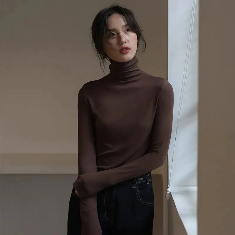 Korean High-Neck Long Sleeve T-Shirt Blue Slim Fit - Image 4