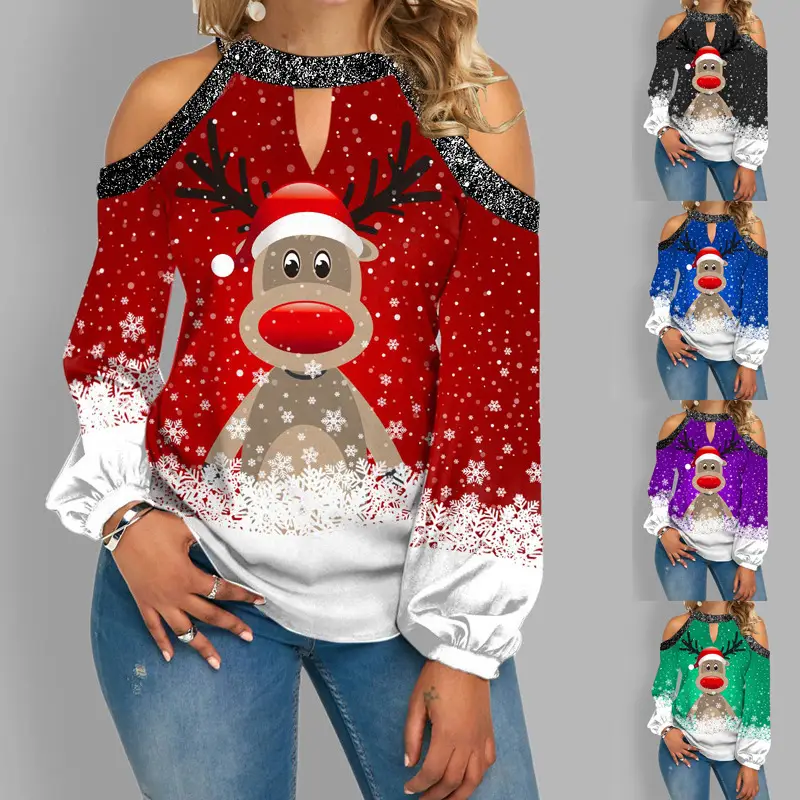 Christmas Deer Print Long Sleeve T-Shirt Women - Image 6