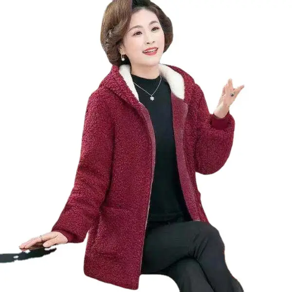 2021 New Mom Fleece Lined Winter Coat Maroon Middle-aged Women - Image 7