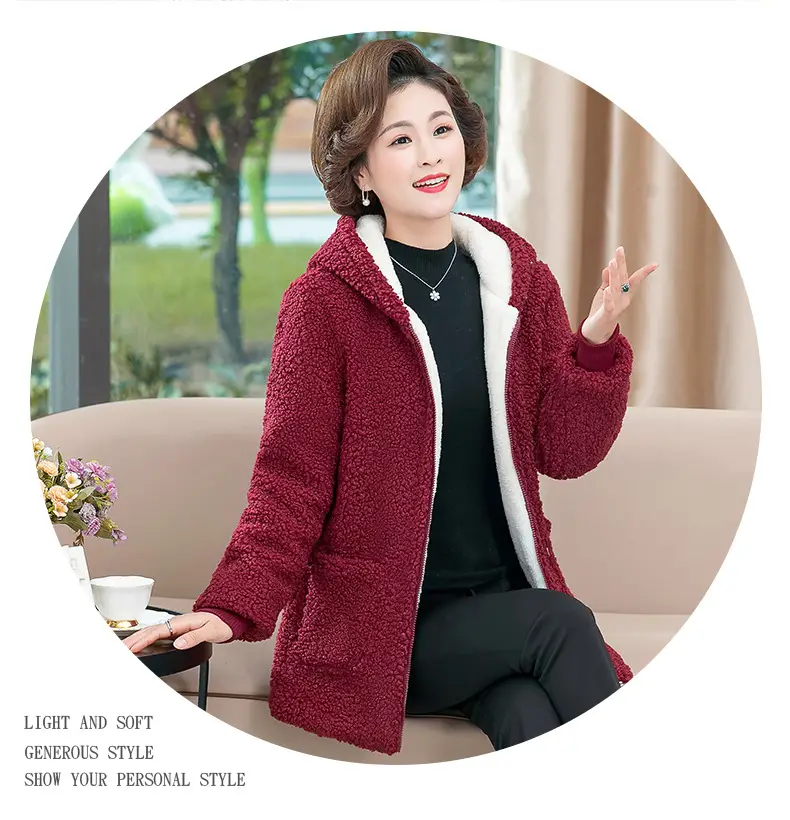 2021 New Mom Fleece Lined Winter Coat Maroon Middle-aged Women — feature 10