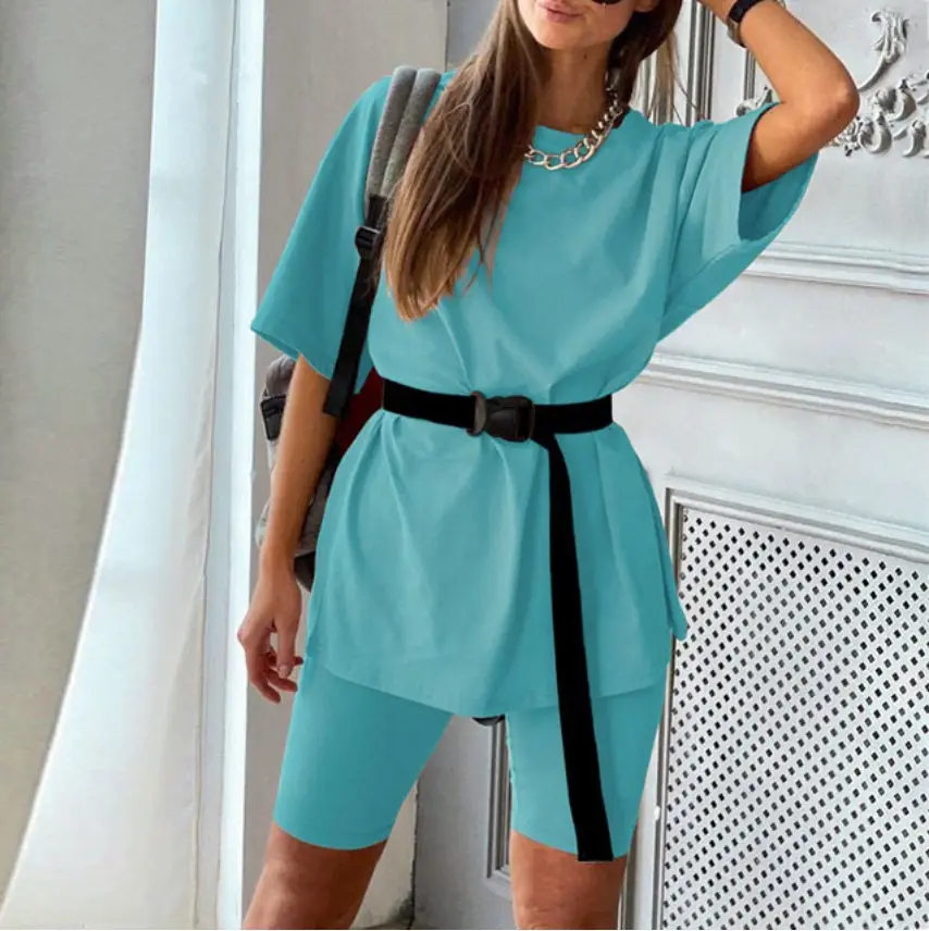 Women's 2-Piece White Belted Sports Suit with Capri Pants