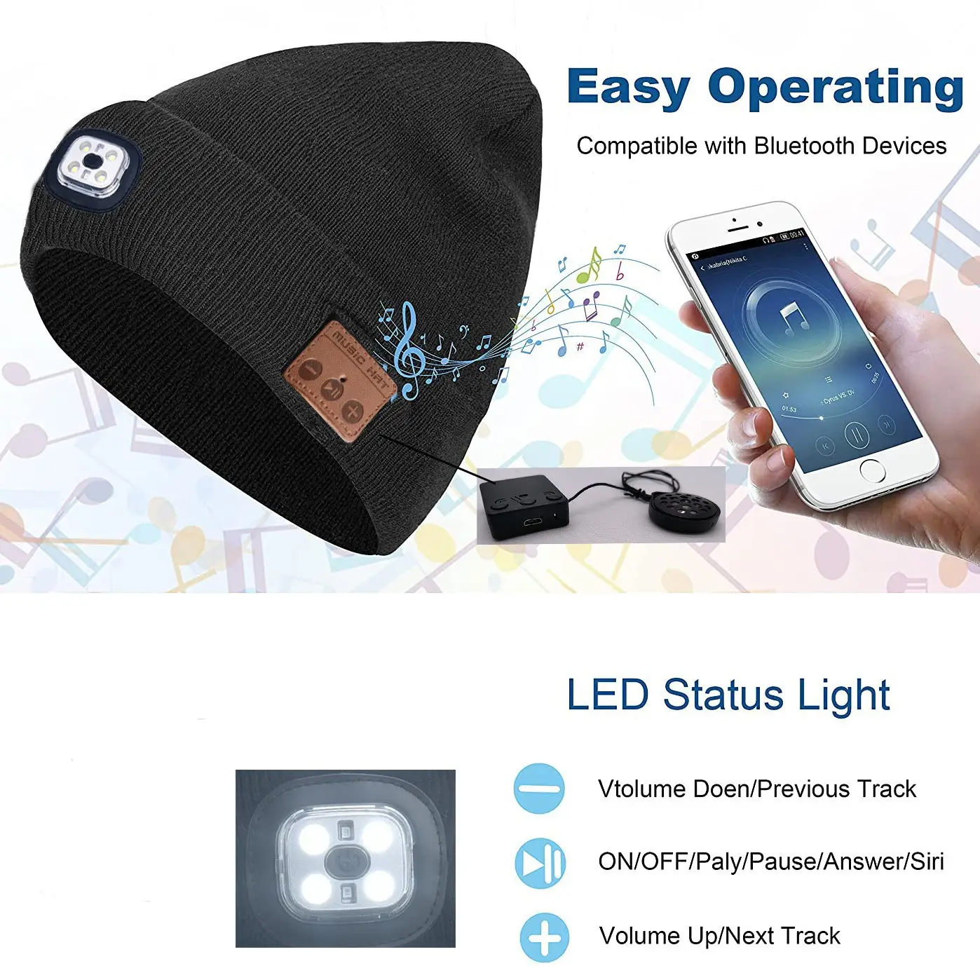 Wireless Bluetooth LED Headlamp Cap Black - Image 5