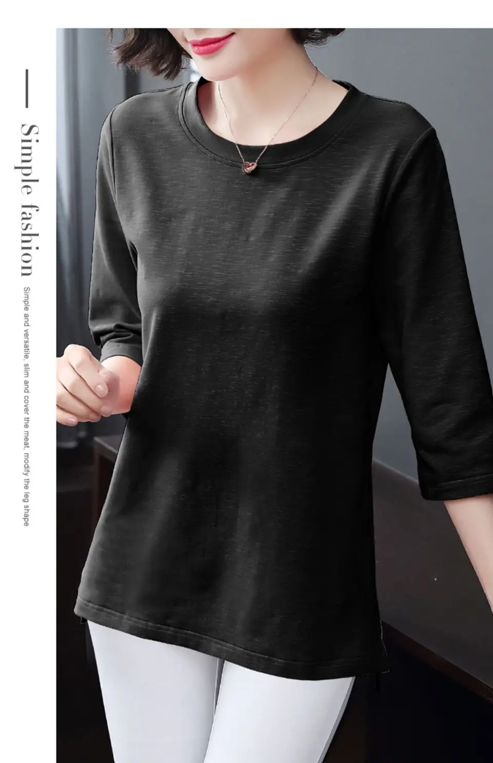 Plus Size Women's Black Three Quarter Sleeve Top T-Shirt — feature 20