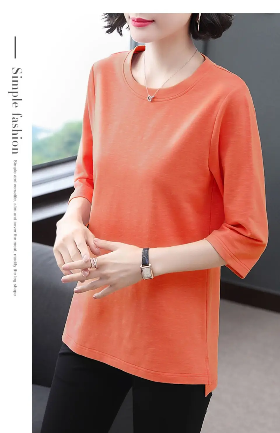 Plus Size Women's Black Three Quarter Sleeve Top T-Shirt — feature 3
