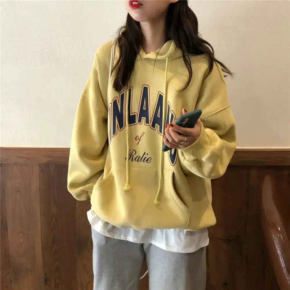 Women Fleece Lined Hoodie White Korean Style Loose Fit