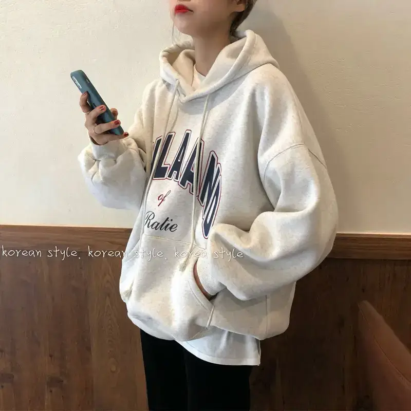 Women Fleece Lined Hoodie White Korean Style Loose Fit