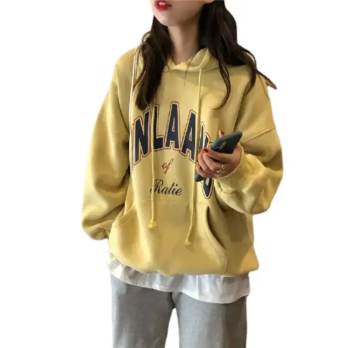 Women Fleece Lined Hoodie White Korean Style Loose Fit