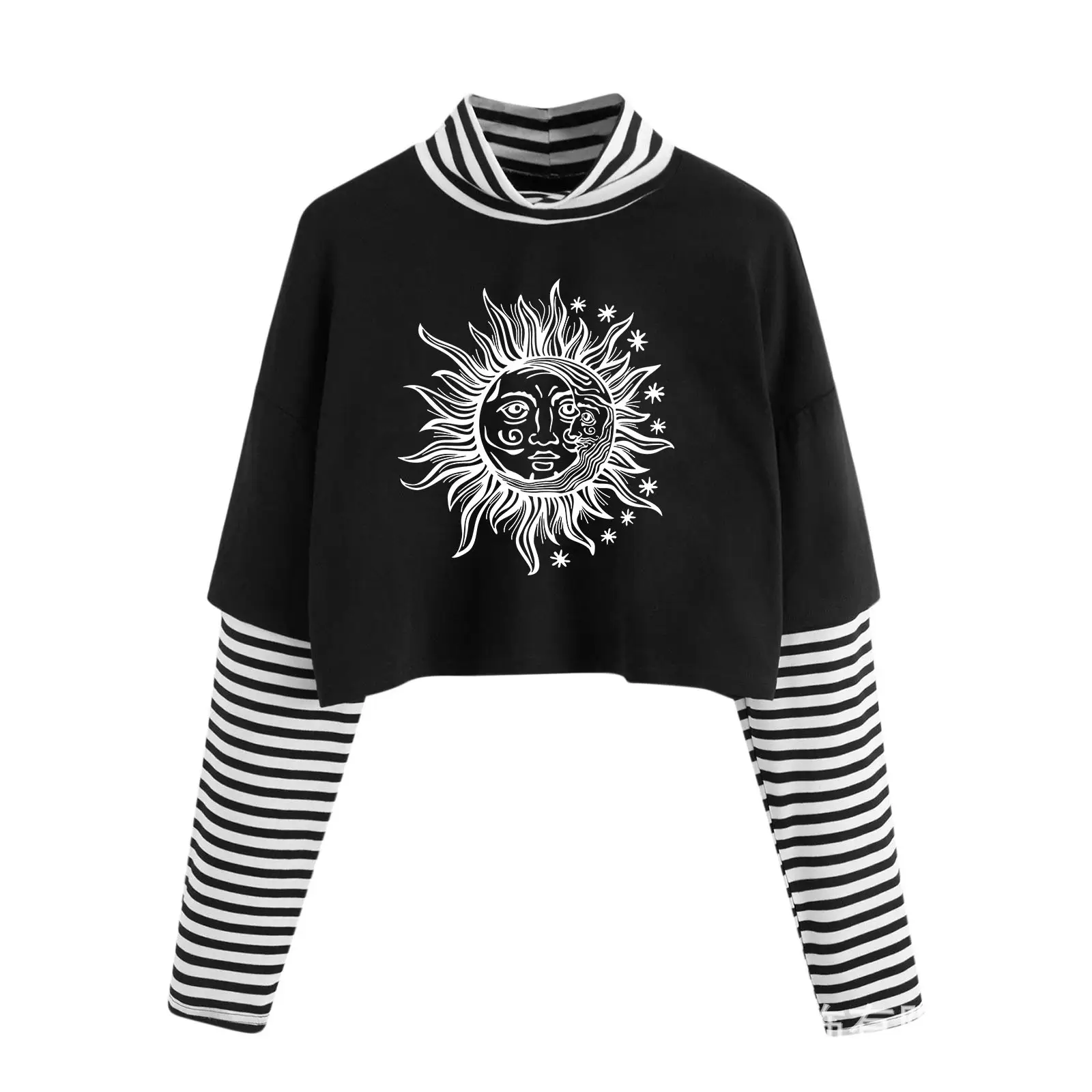 Black Sunflower Print Long Sleeve Turtleneck Sweatshirt - Image 5
