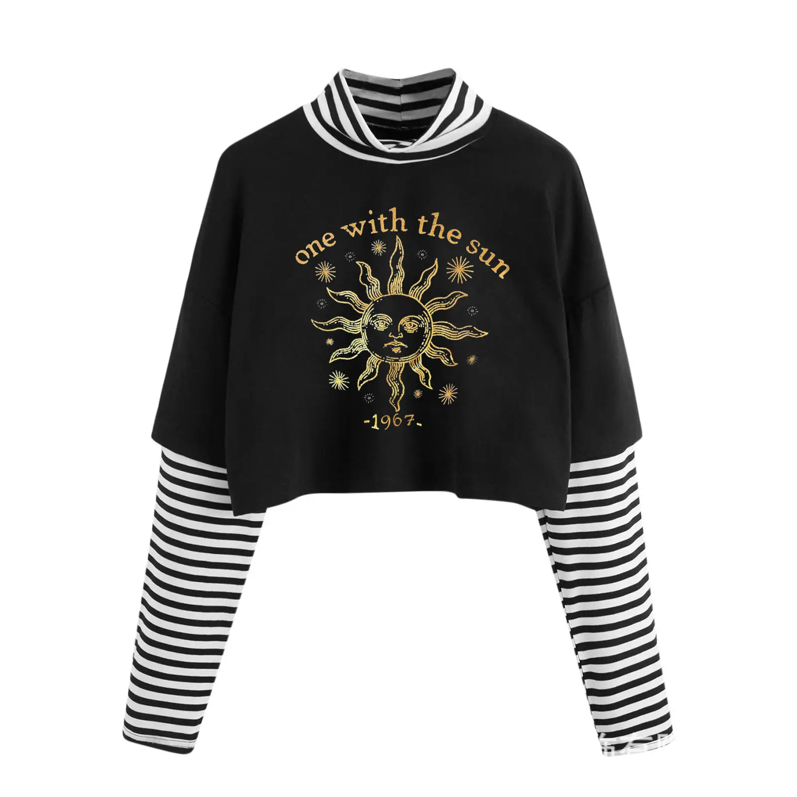 Black Sunflower Print Long Sleeve Turtleneck Sweatshirt - Image 8