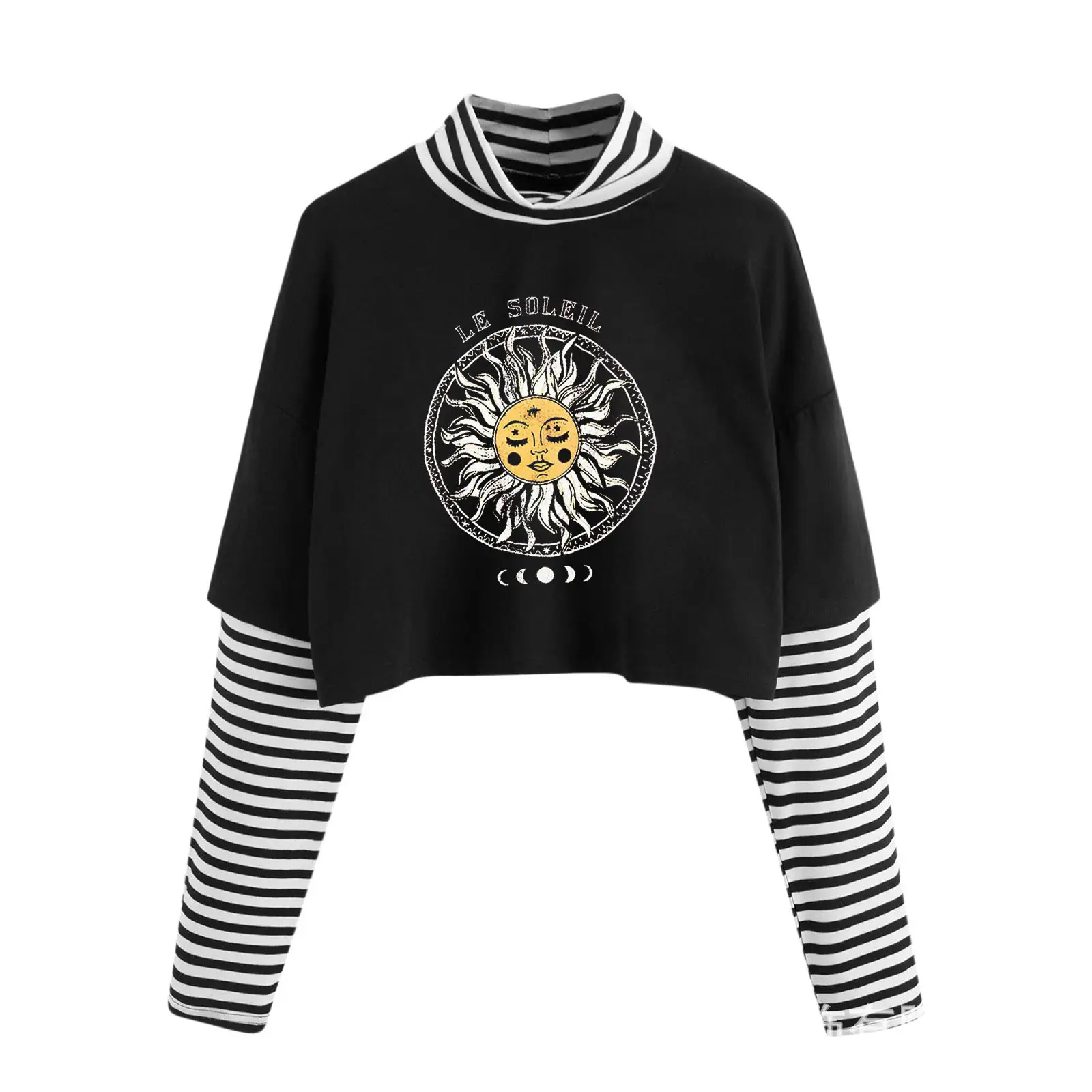 Black Sunflower Print Long Sleeve Turtleneck Sweatshirt
