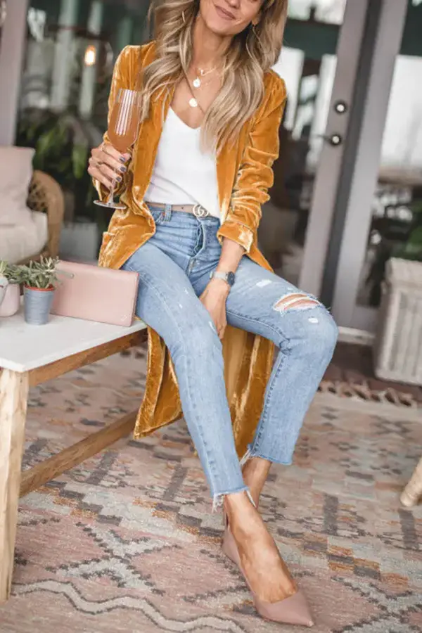 Women Long Velvet Coat Gold Stretch Loose Winter Coat — feature 10