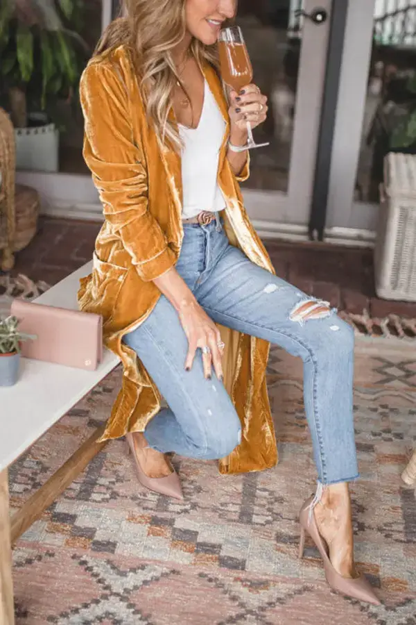 Women Long Velvet Coat Gold Stretch Loose Winter Coat — feature 11