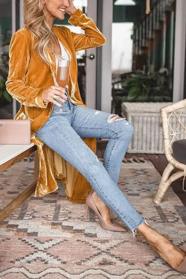 Women Long Velvet Coat Gold Stretch Loose Winter Coat — feature 12