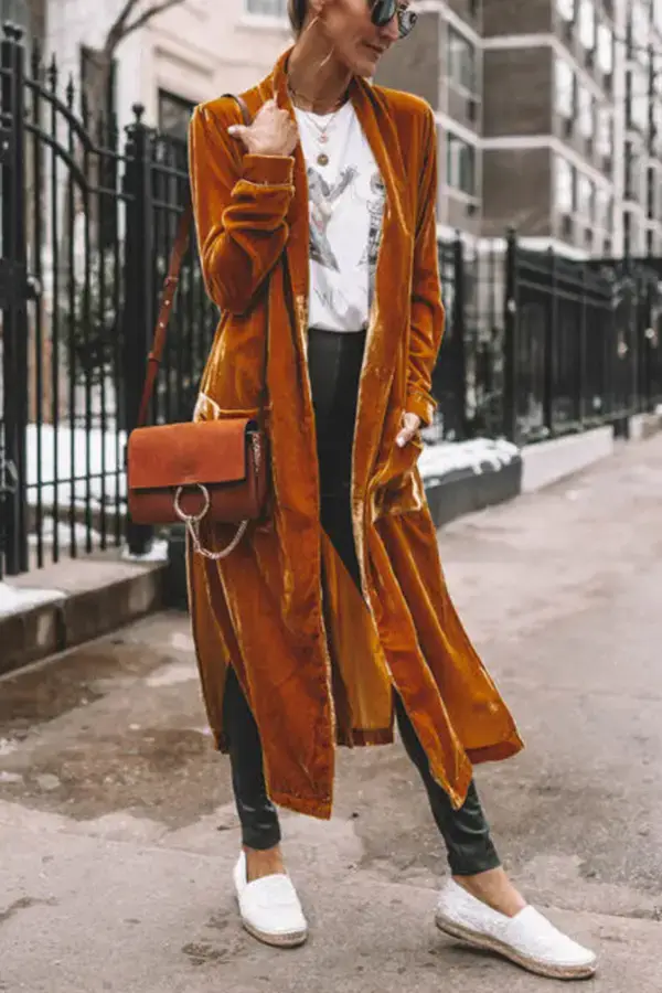 Women Long Velvet Coat Gold Stretch Loose Winter Coat — feature 13