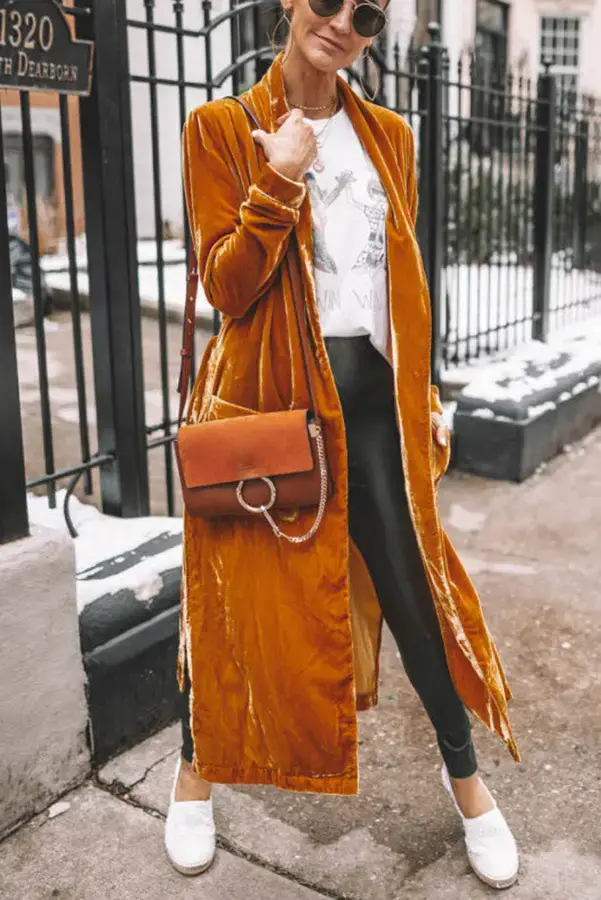 Women Long Velvet Coat Gold Stretch Loose Winter Coat — feature 14