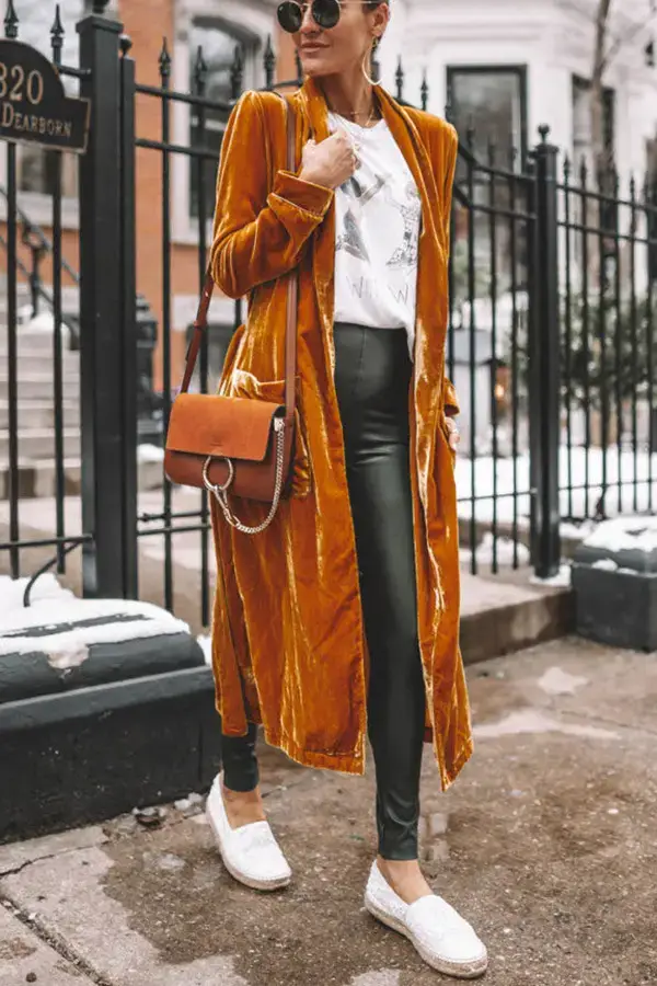 Women Long Velvet Coat Gold Stretch Loose Winter Coat — feature 15