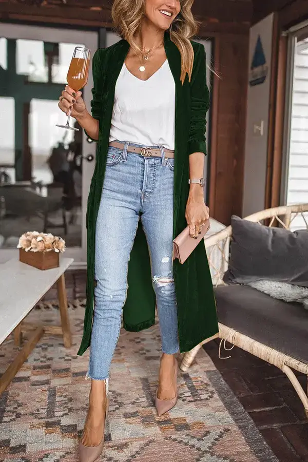 Women Long Velvet Coat Gold Stretch Loose Winter Coat — feature 19