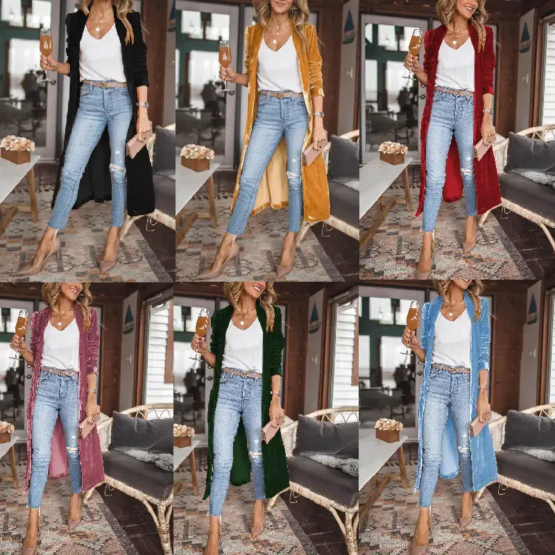 Women Long Velvet Coat Gold Stretch Loose Winter Coat — feature 2