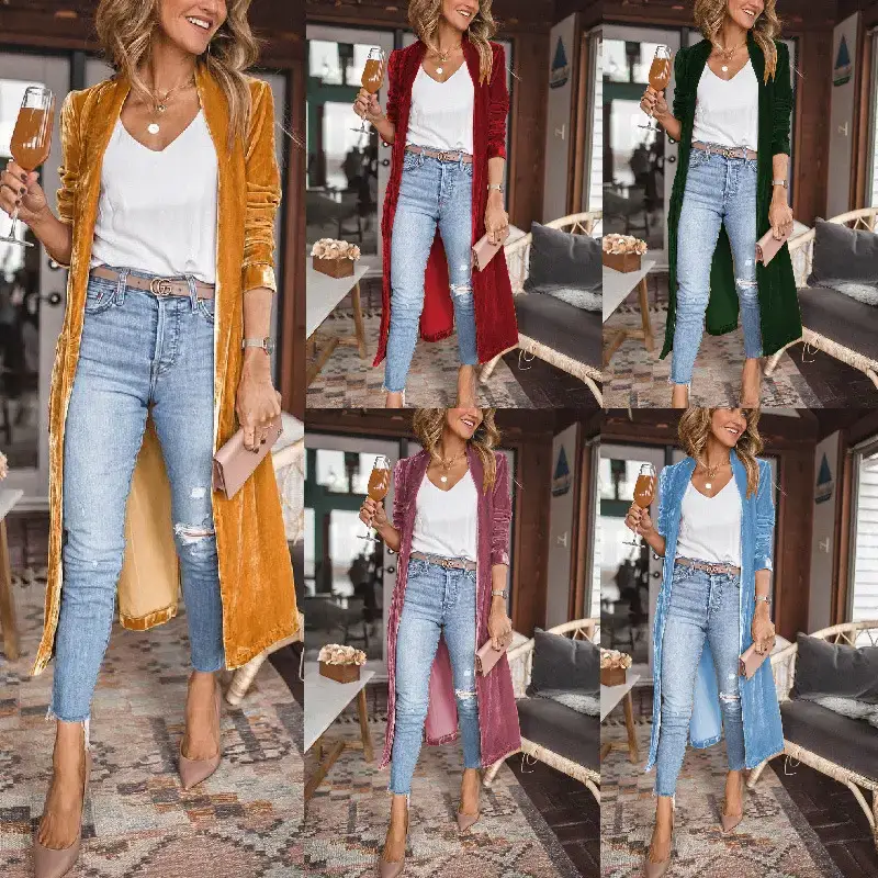 Women Long Velvet Coat Gold Stretch Loose Winter Coat — feature 4