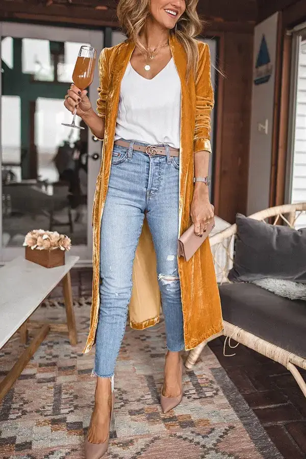 Women Long Velvet Coat Gold Stretch Loose Winter Coat — feature 8