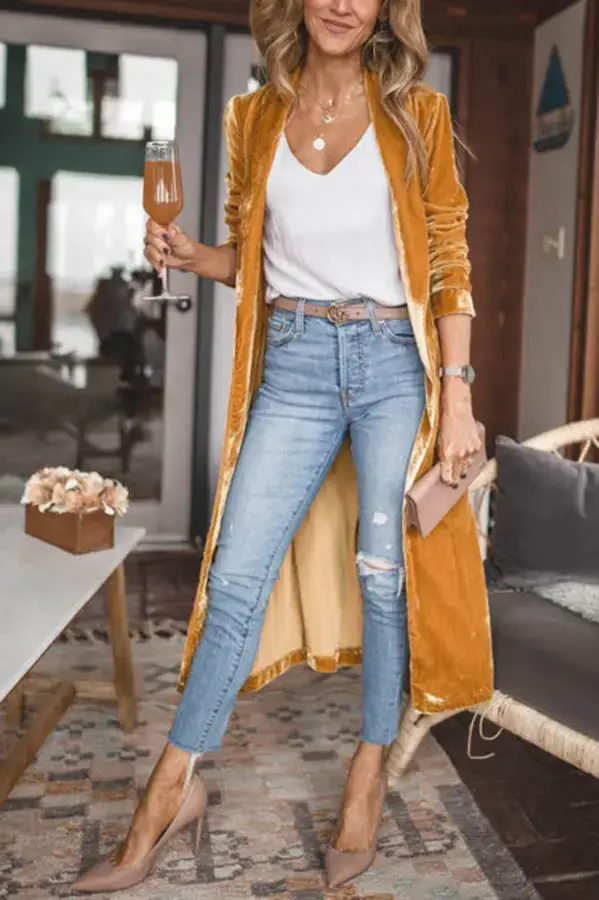 Women Long Velvet Coat Gold Stretch Loose Winter Coat — feature 9