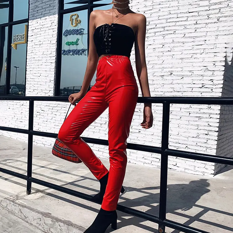 Red Glossy Mirror Leather Pants for Women