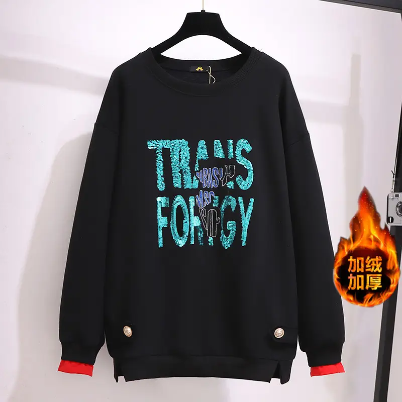 Women Red Sequin Sweatshirt Plus Size Loose Fit - Image 3