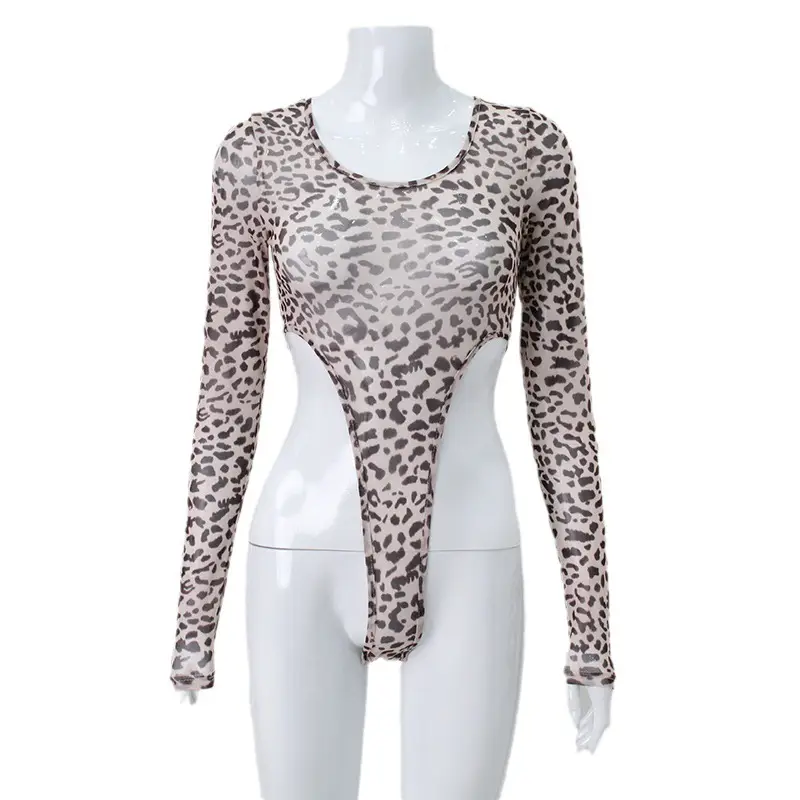 Sexy Mesh Leopard Print Long Sleeve Hot Girl Top