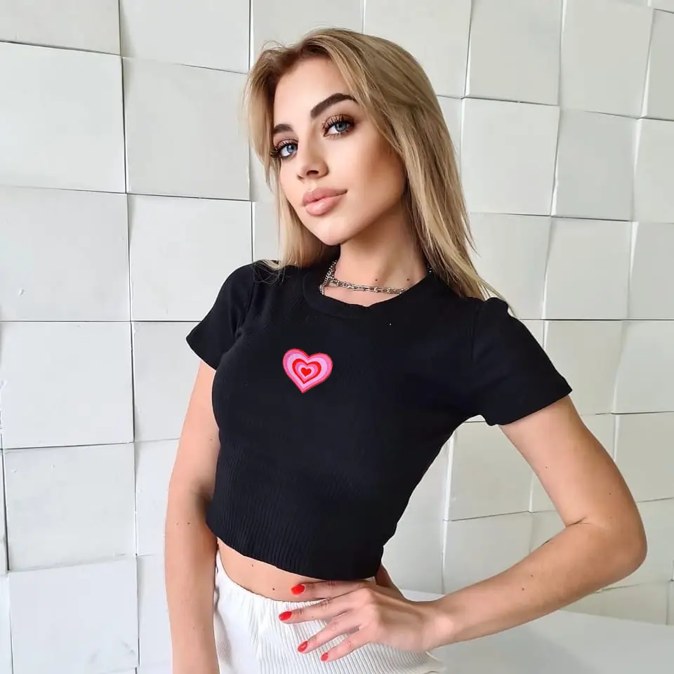 Black Heart Printed Round Neck T-Shirt for Women - Image 5