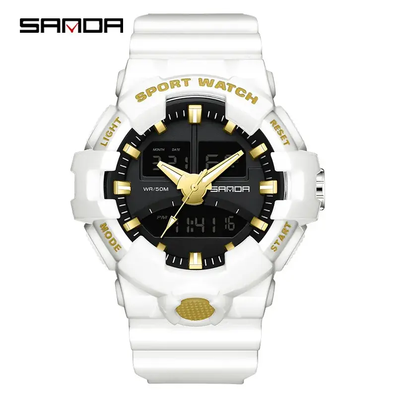Sanda's Dual Display Sports Watch White Waterproof