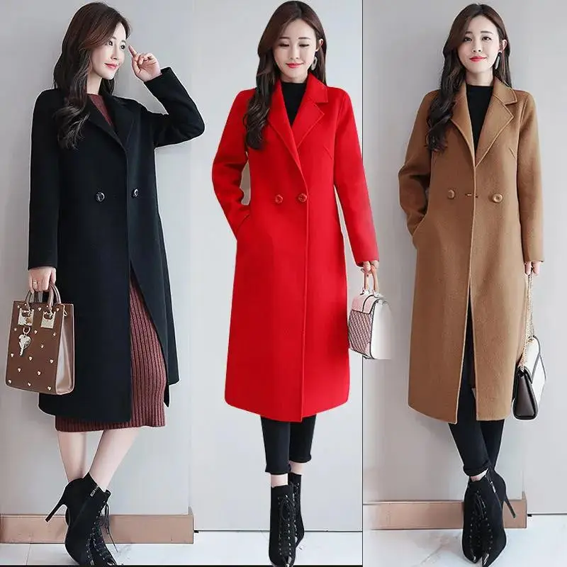 Women Woolen Long Coat Red Korean Style Winter Coat - Image 7