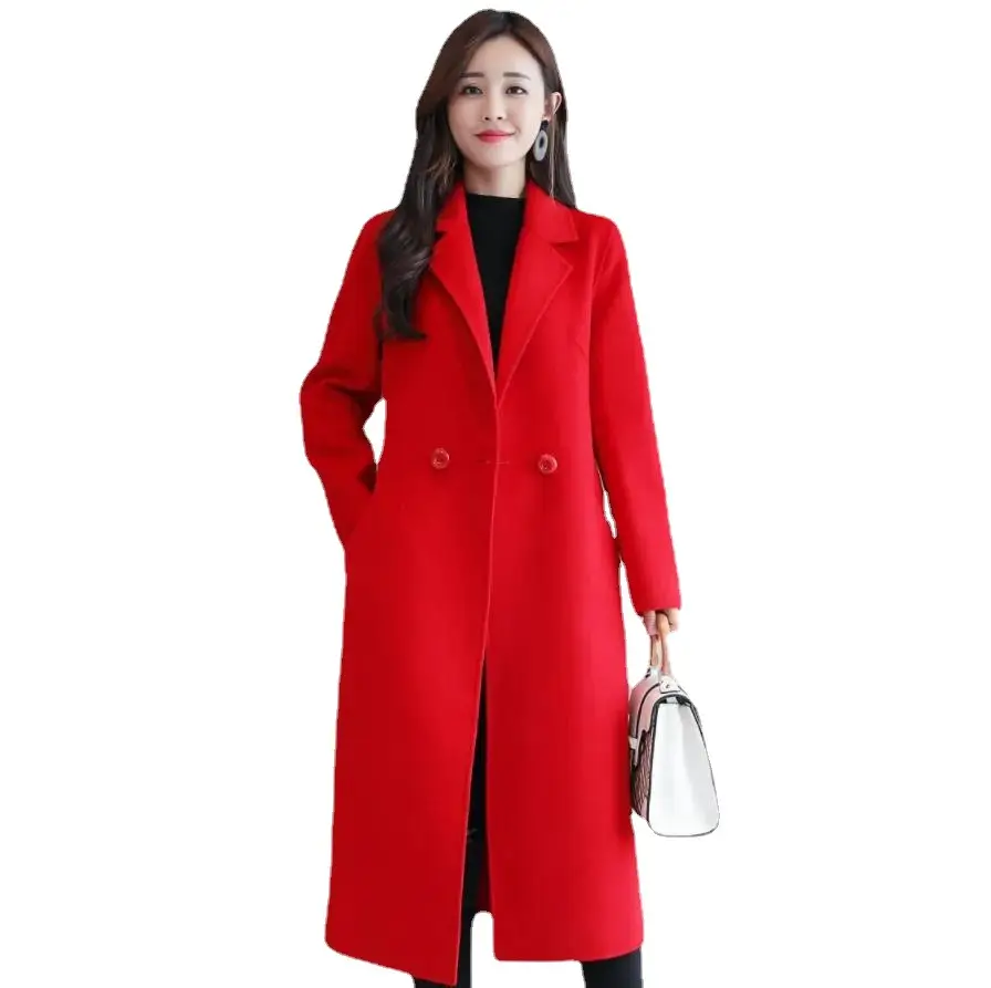 Women Woolen Long Coat Red Korean Style Winter Coat - Image 9