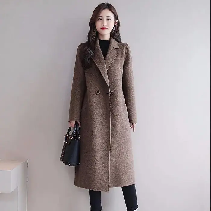Women Woolen Long Coat Red Korean Style Winter Coat - Image 4