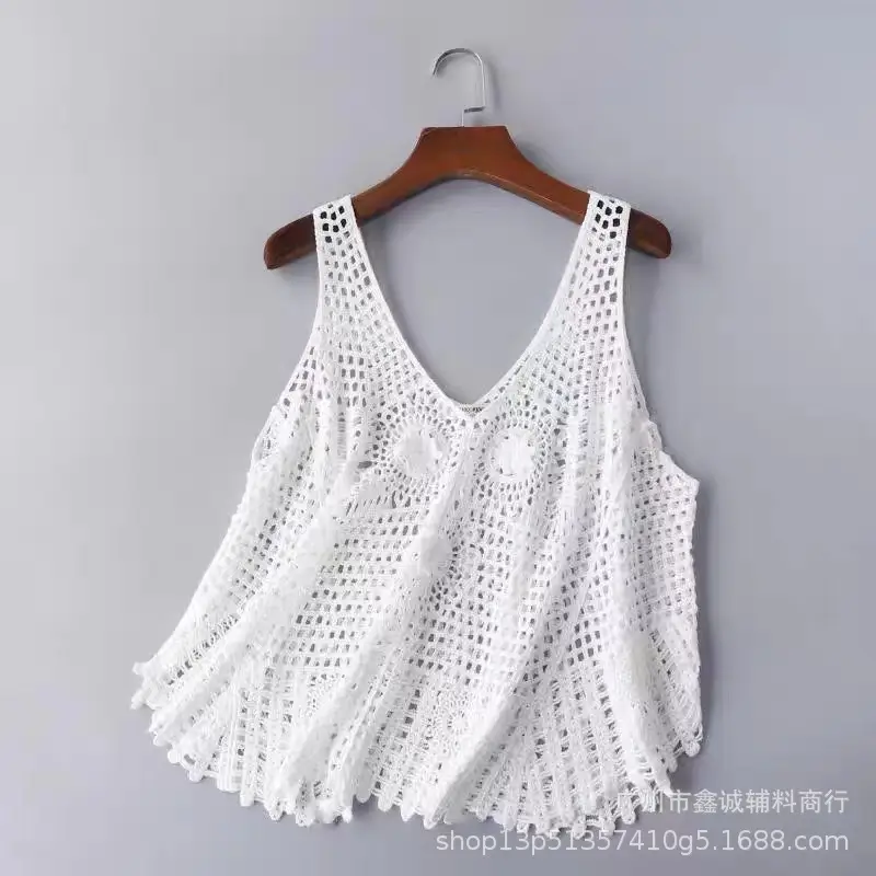 White Cotton Knitted V-neck Vest for Women - Image 48