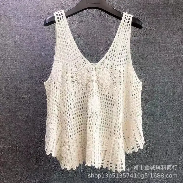 White Cotton Knitted V-neck Vest for Women - Image 49