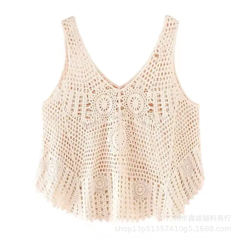 White Cotton Knitted V-neck Vest for Women - Image 50
