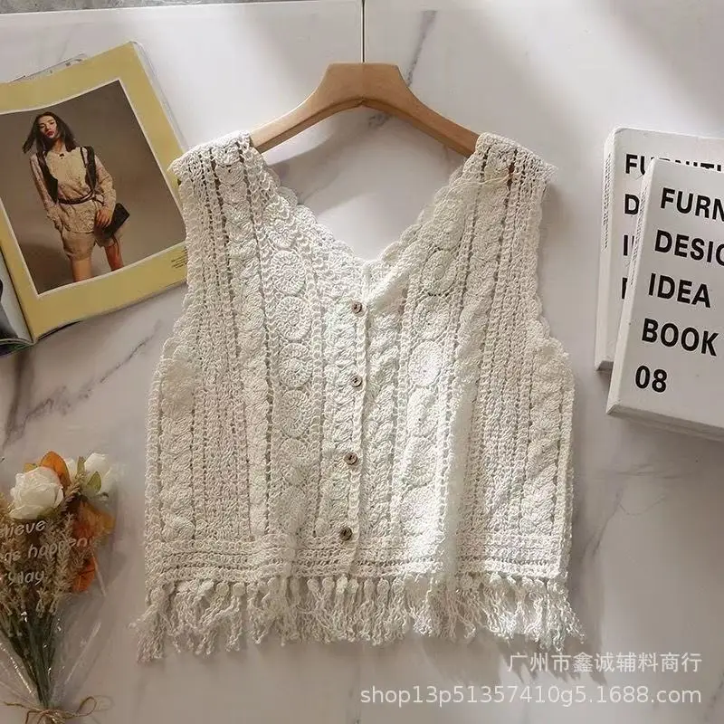 White Cotton Knitted V-neck Vest for Women - Image 13