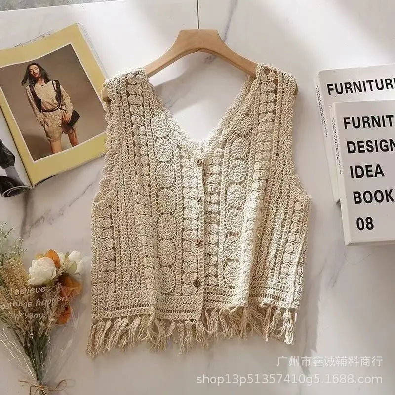 White Cotton Knitted V-neck Vest for Women - Image 14