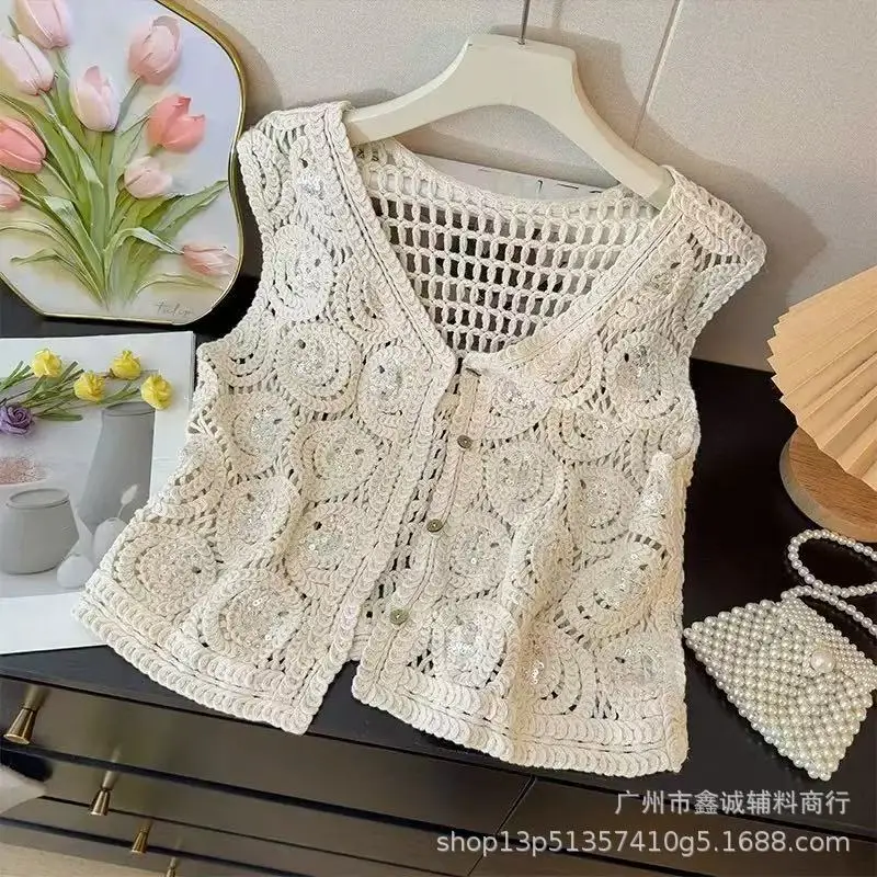 White Cotton Knitted V-neck Vest for Women - Image 17