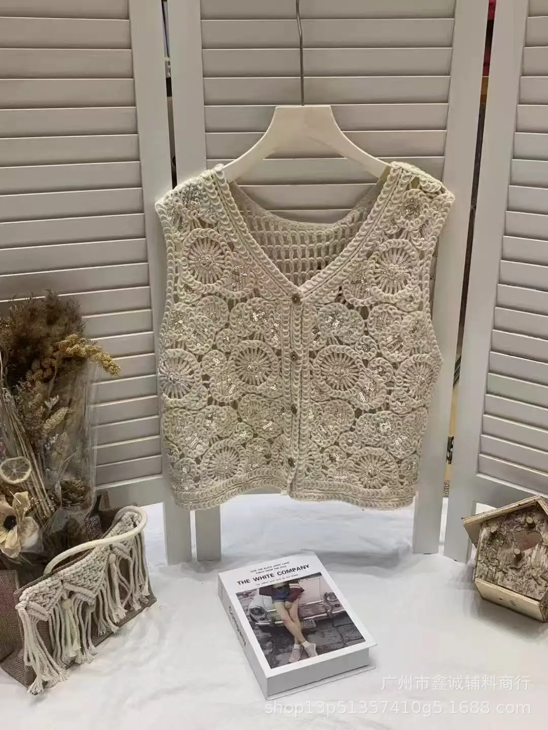 White Cotton Knitted V-neck Vest for Women - Image 19