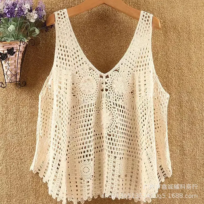 White Cotton Knitted V-neck Vest for Women - Image 2