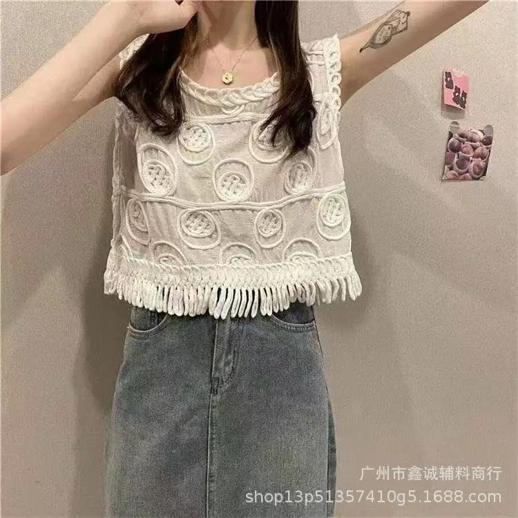 White Cotton Knitted V-neck Vest for Women - Image 23