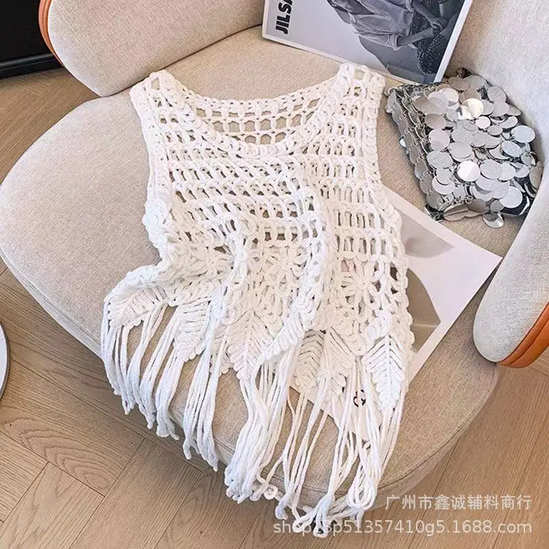 White Cotton Knitted V-neck Vest for Women - Image 25