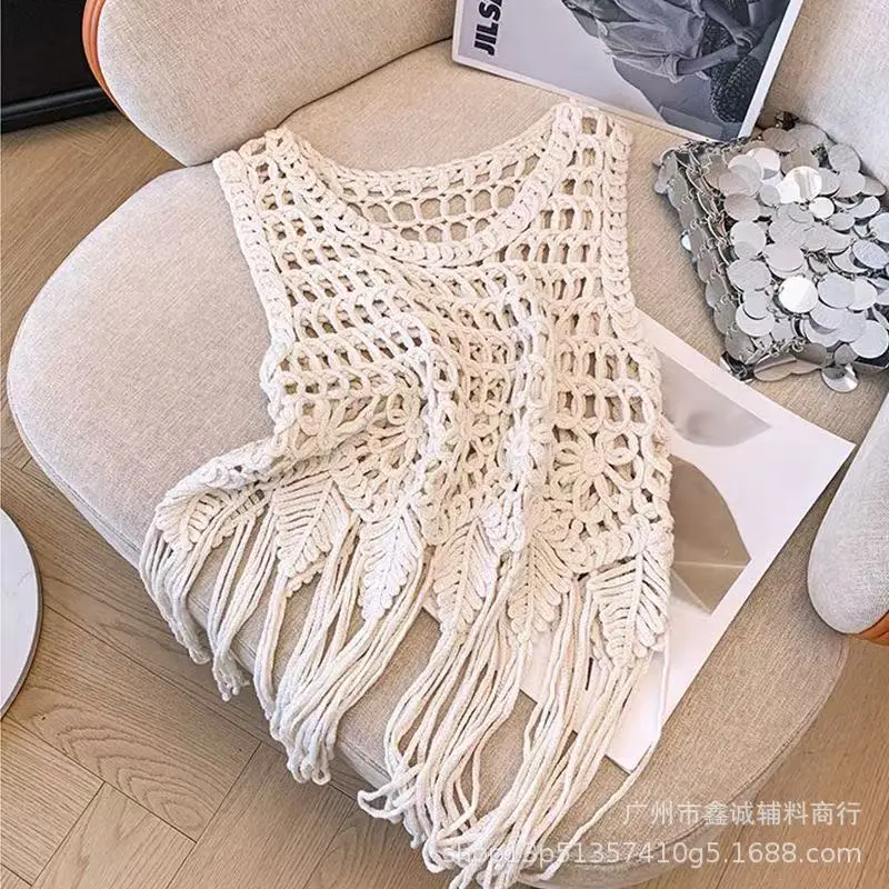 White Cotton Knitted V-neck Vest for Women - Image 26