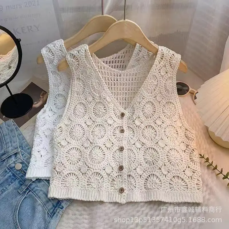 White Cotton Knitted V-neck Vest for Women - Image 28