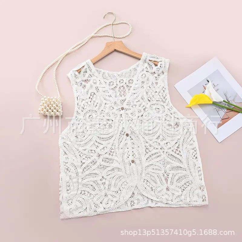 White Cotton Knitted V-neck Vest for Women - Image 32